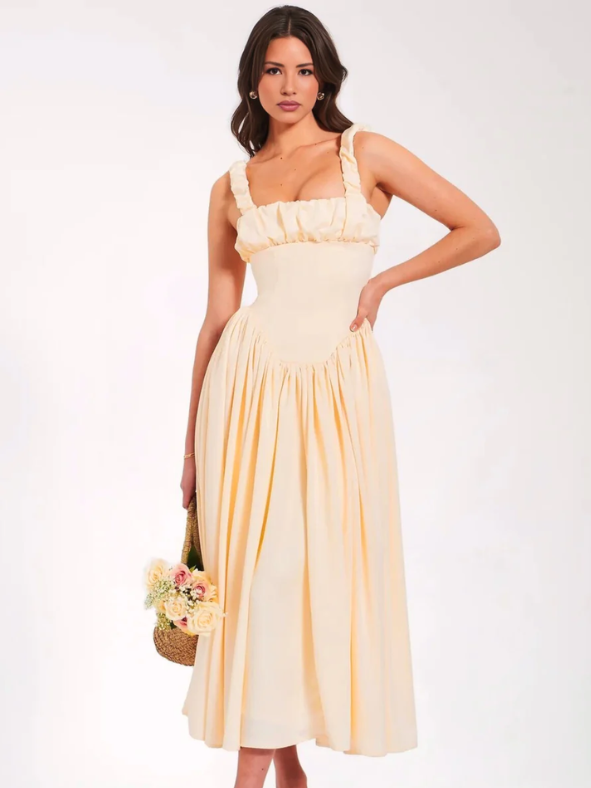 Pleated Strap Puffy Maxi Dress